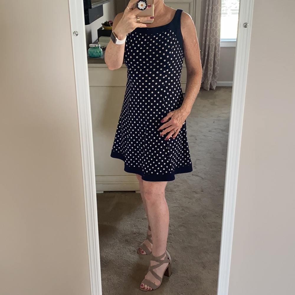 Chaps petite boat neck sleeveless polka dot summer dress - Picture 4 of 11
